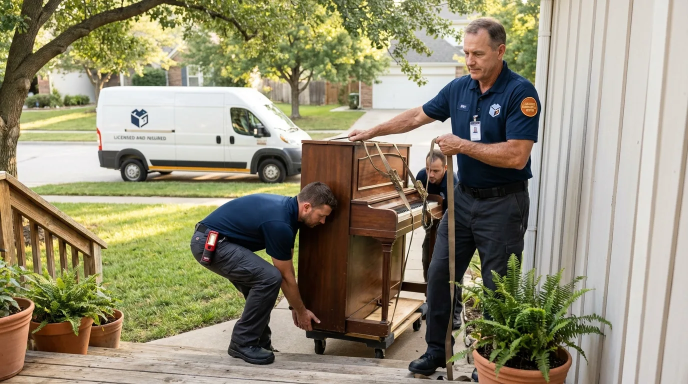 Licensed piano movers securing grand piano in Moosup, CT