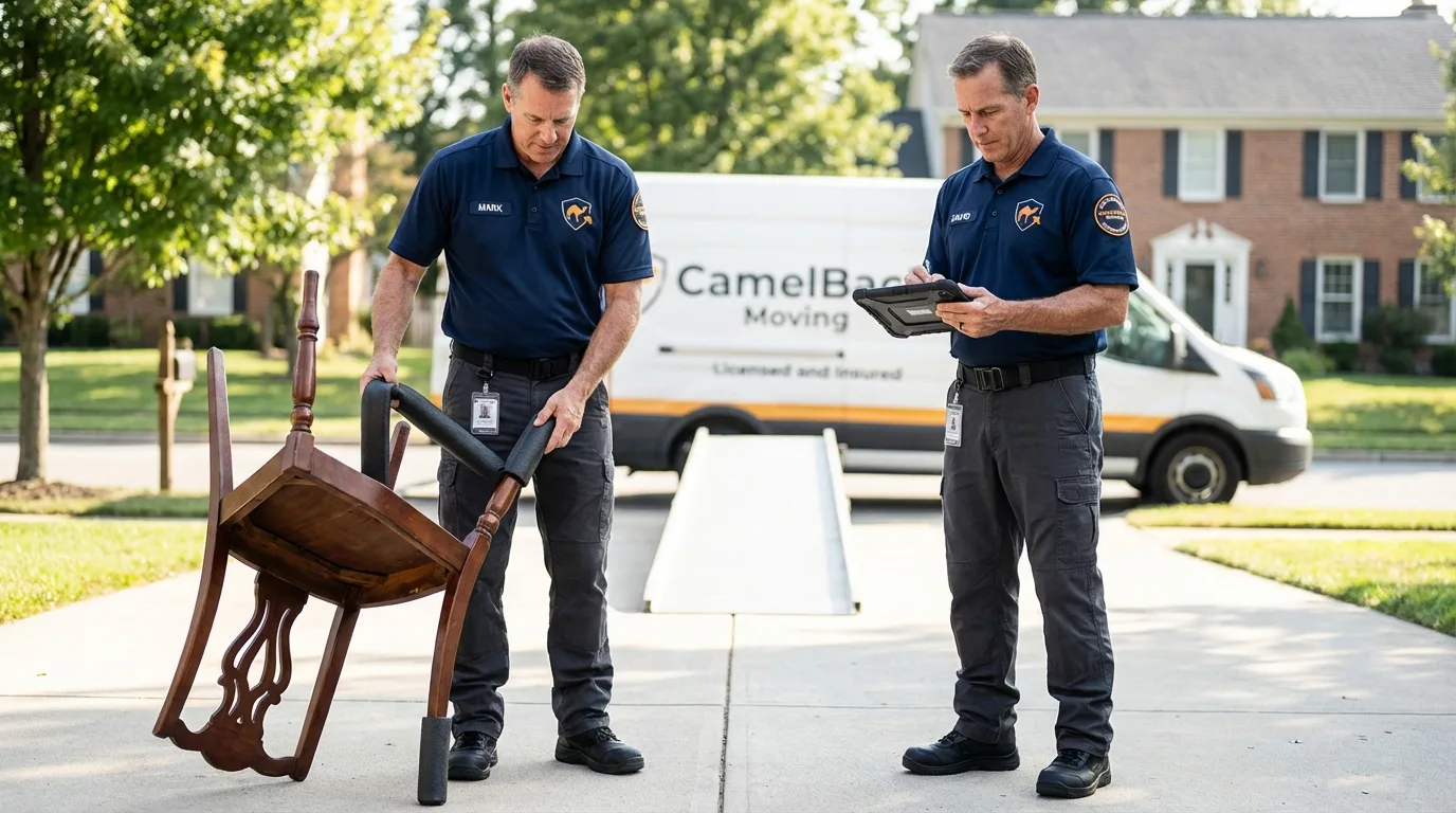 Movers inspecting furniture for damage prevention before loading in Moosup, CT